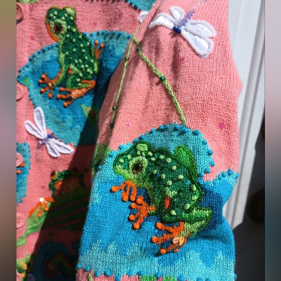 Design Options Philip & Jane Gordon Frog Lily Pad Dragonfly Sweater Cardigan XL - Picture 6 of 10
